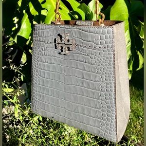 TORY BURCH Gray McGraw Bucket Hobo Leather Bag